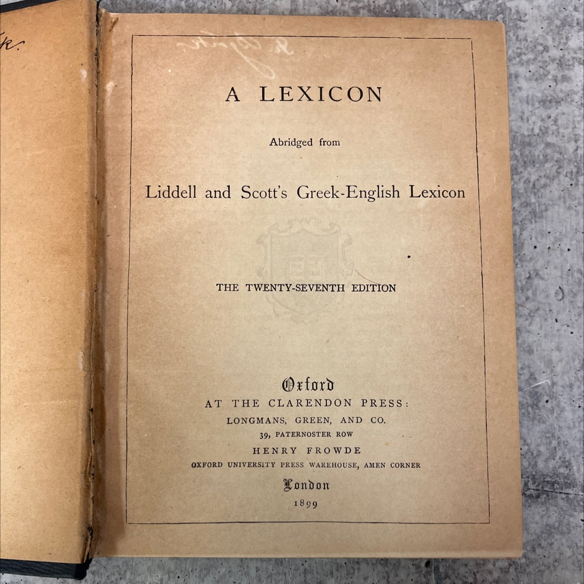 a lexicon abridged from liddell and scott's greek-english lexicon book, by unknown, 1899 Hardcover, Rare, Antique image 2