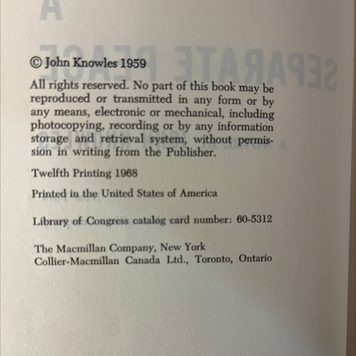 a separate peace book, by john knowles, 1959 Hardcover image 3