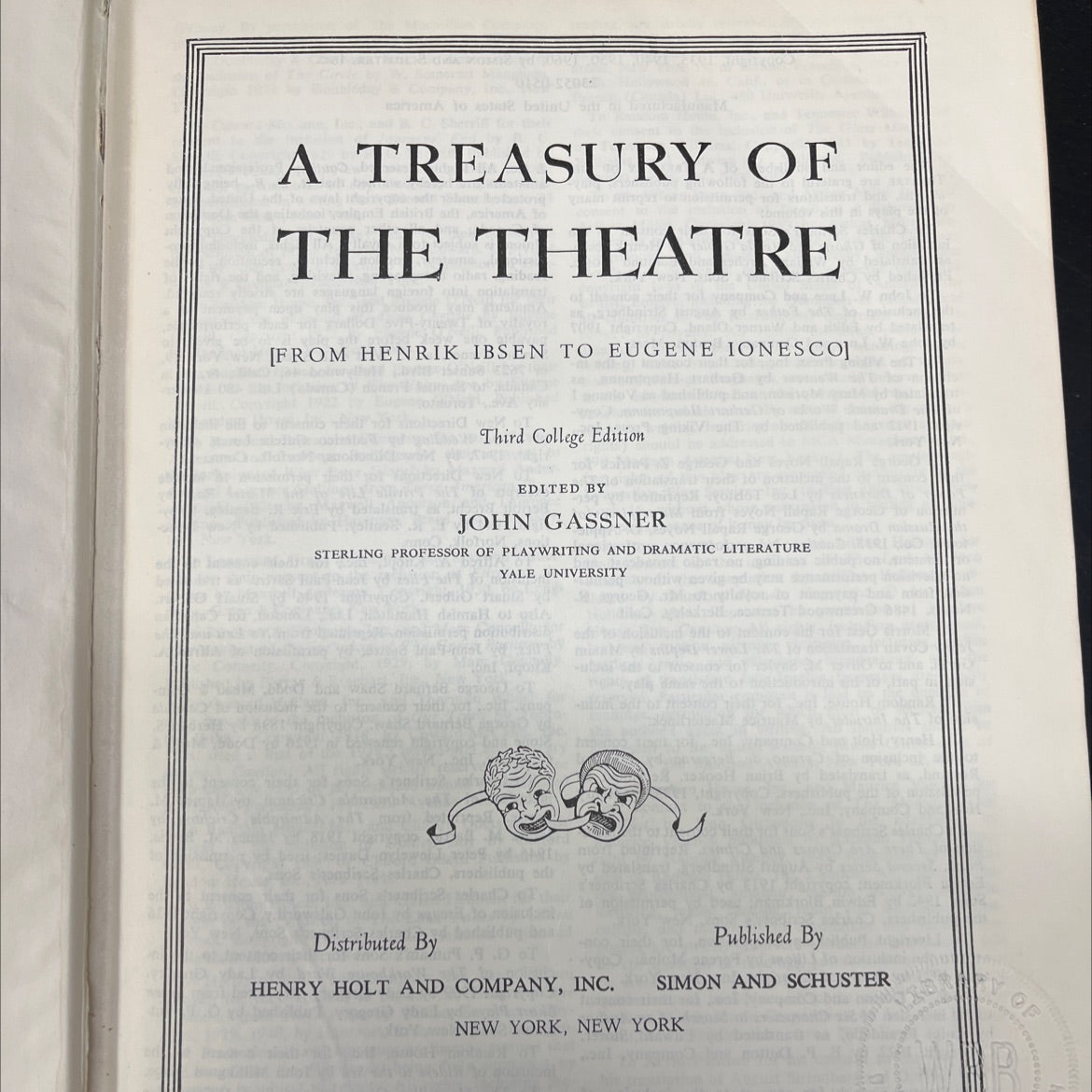 a treasury of the theatre book, by john gassner, 1960 Hardcover image 2