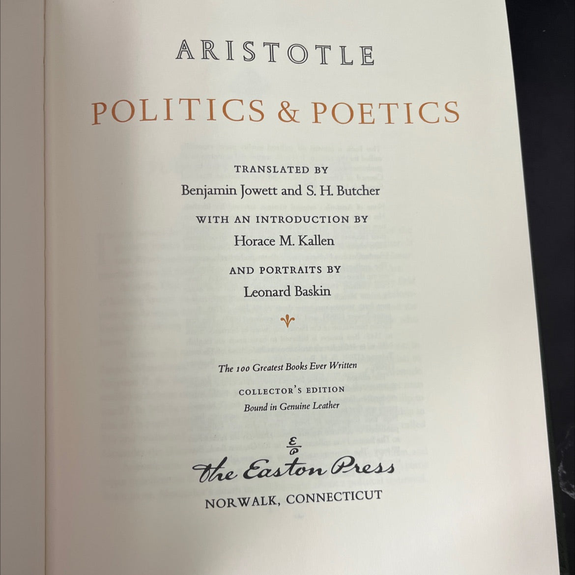 aristotle politics & poetics book, by aristotle, 1979 Leather, Vintage image 2