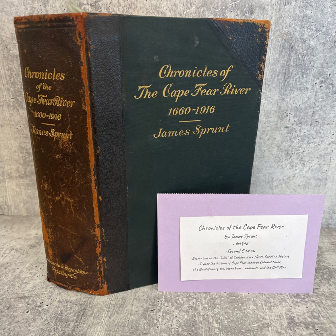 chronicles of the cape fear river 1660-1916 book, by james sprunt, 1916 Leather, Rare, Antique image 1