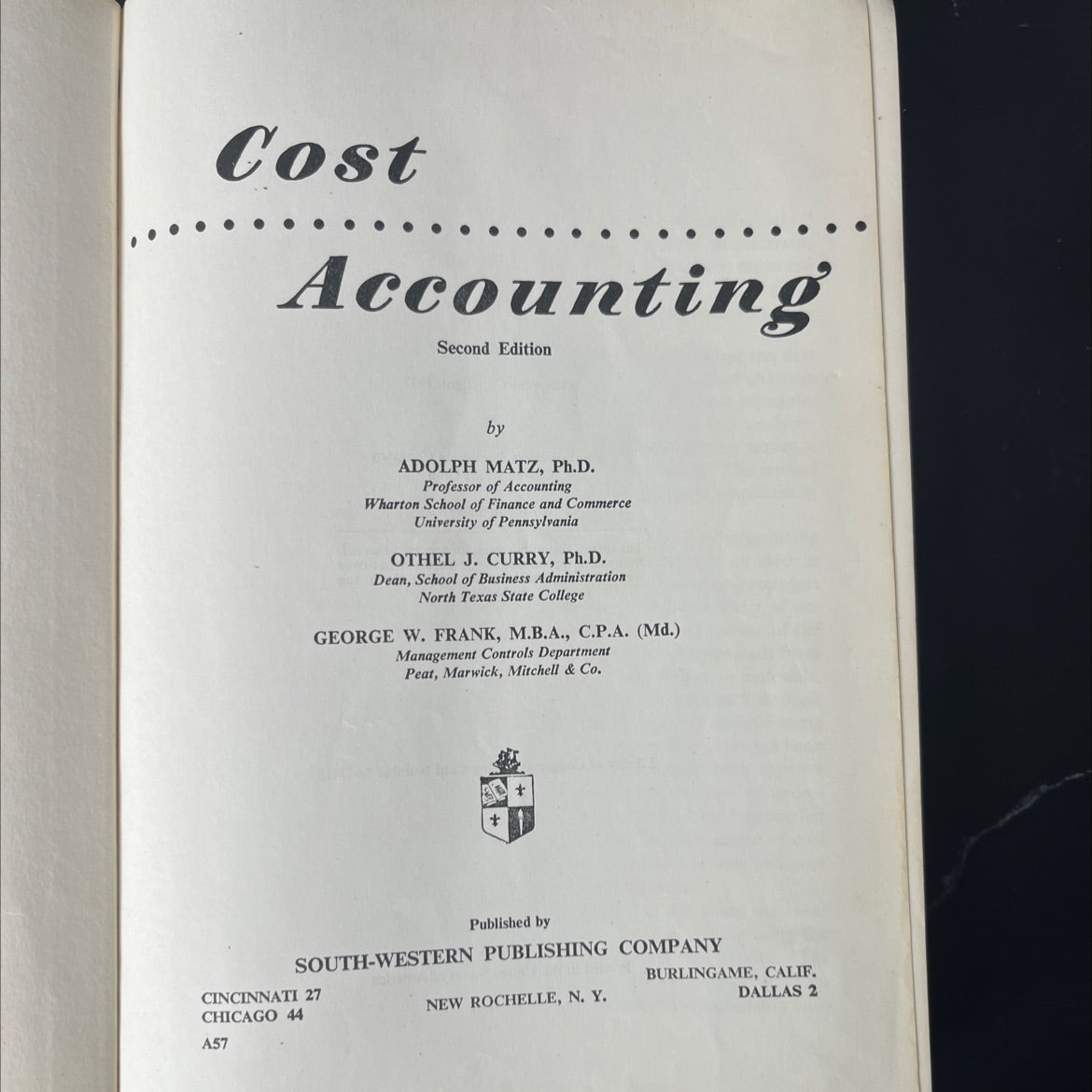 cost accounting book, by adolph matz, othel j. curry, george w. frank, 1957 Hardcover, Vintage image 2