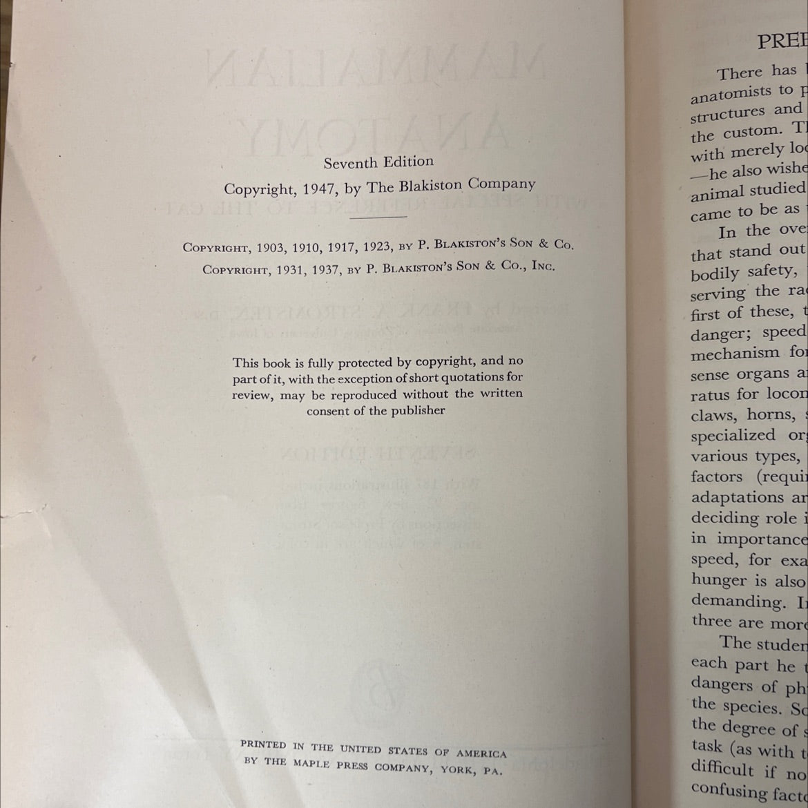 davison's mammalian anatomy with special reference to the cat book, by frank a. stromsten, 1947 Hardcover, Vintage, image 3