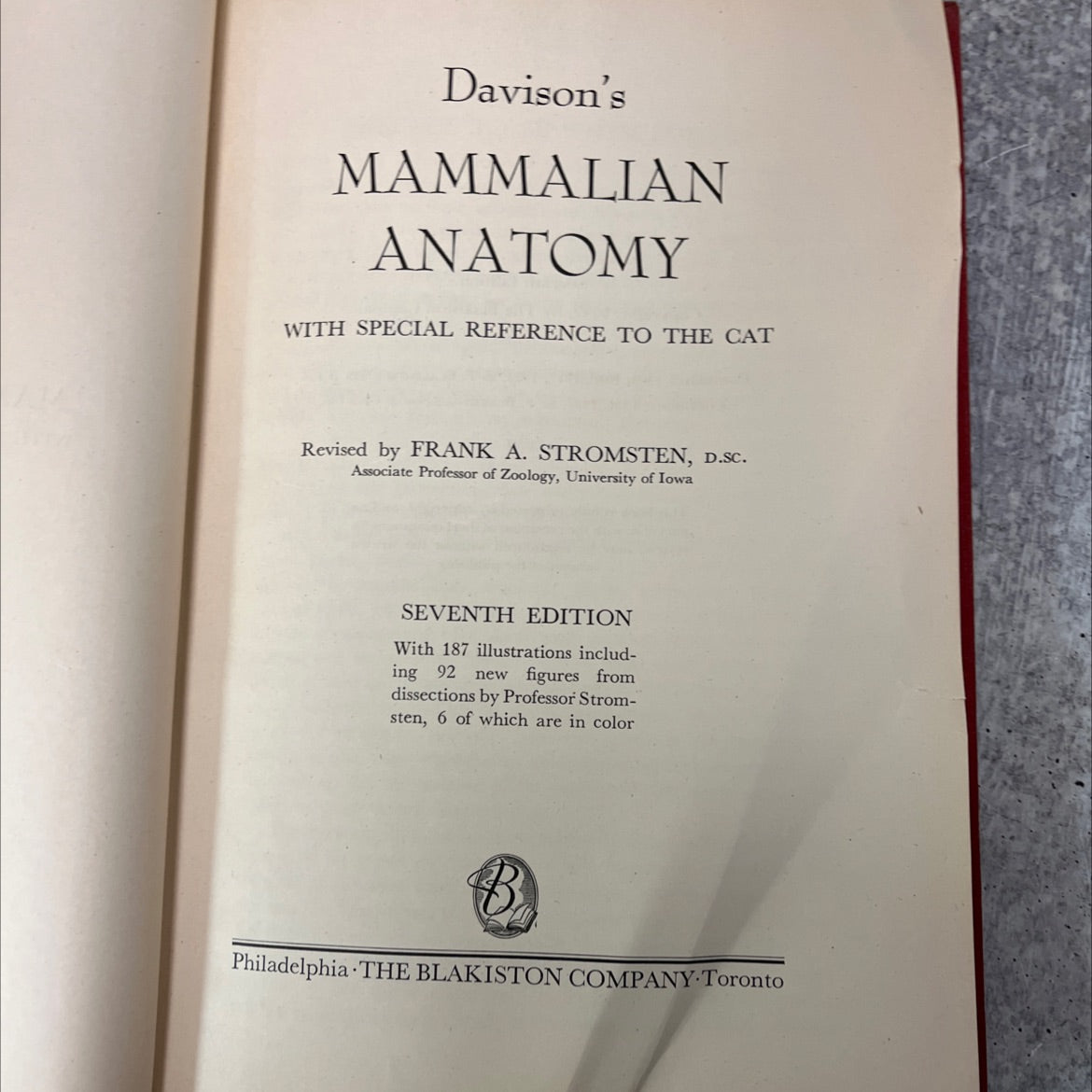 davison's mammalian anatomy with special reference to the cat book, by frank a. stromsten, 1947 Hardcover, Vintage, image 2