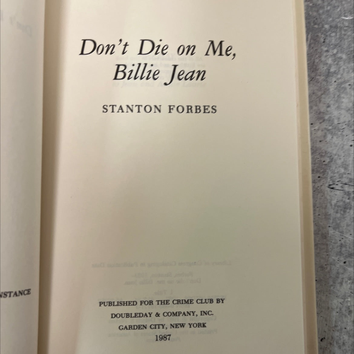 don't die on me, billie jean book, by Stanton Forbes, 1987 Hardcover, First Edition image 2