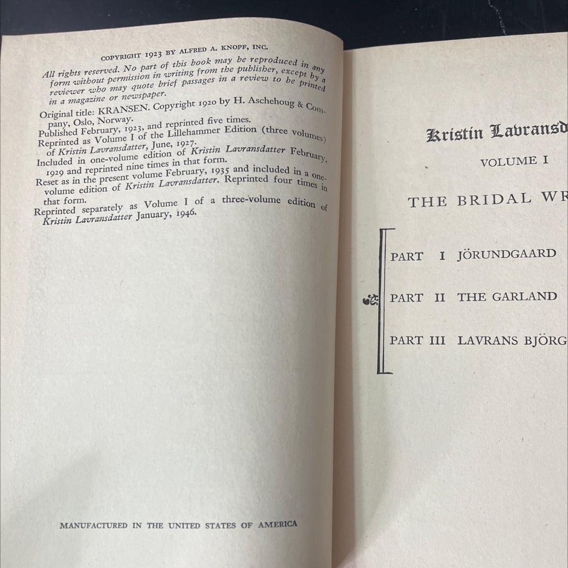 kristin lavransdatter volume i the bridal wreath book, by sigrid undset, 1946 Hardcover, Vintage image 3