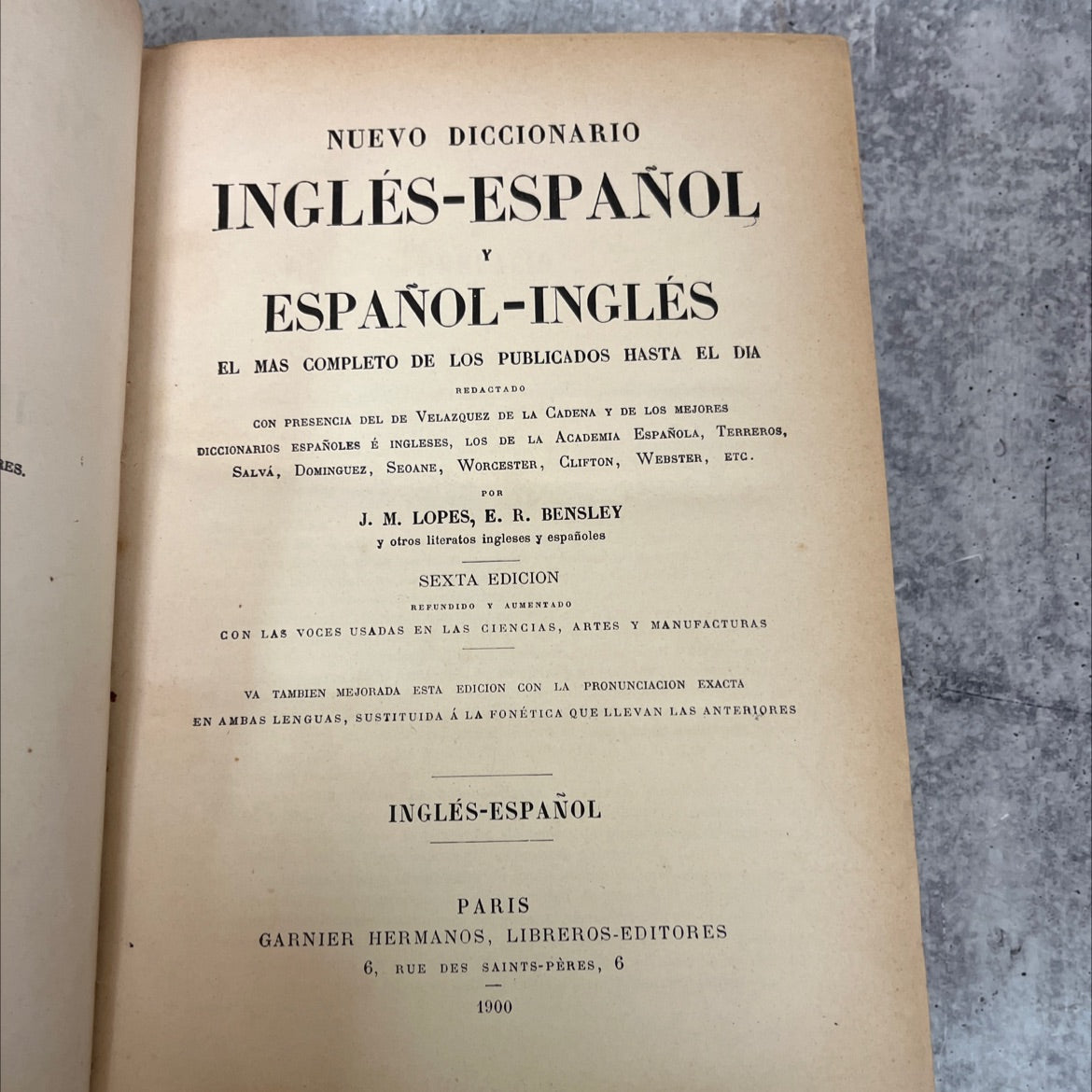 nuevo diccionario ingles-español español-inglés book, by j. m. lopes, e. r. bensley, 1900 Leather image 2