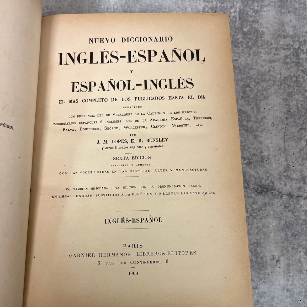 nuevo diccionario ingles-español español-inglés book, by j. m. lopes, e. r. bensley, 1900 Leather image 3