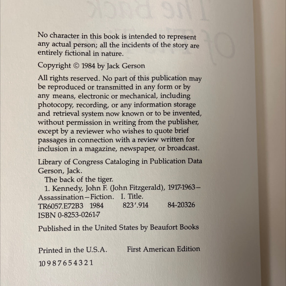 the back of the tiger book, by Jack Gerson, 1984 Hardcover, First Edition image 3