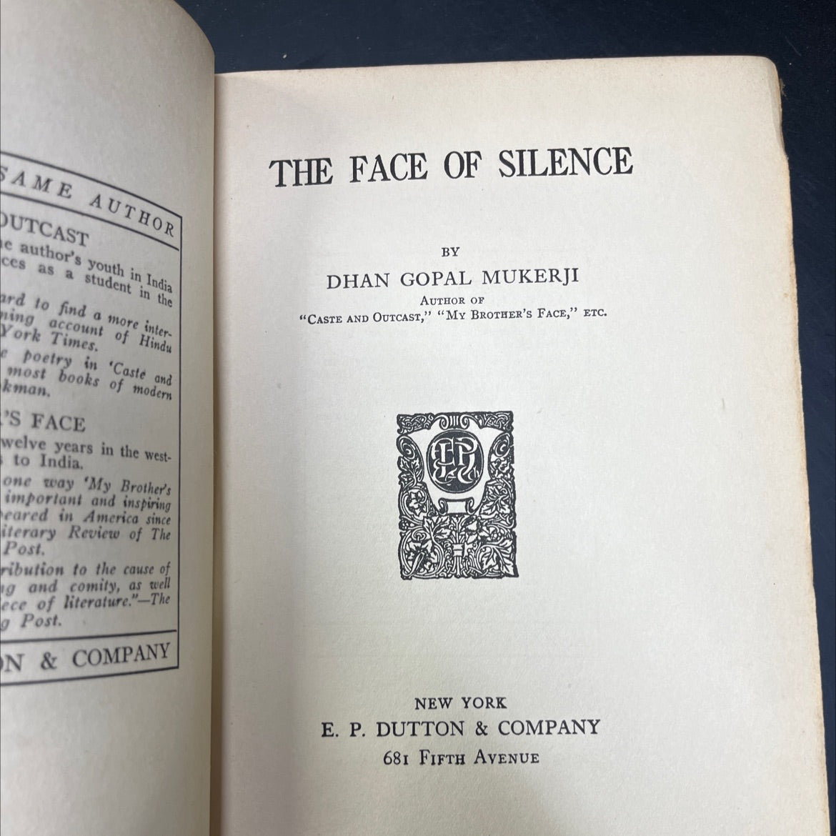 the face of silence book, by dhan gopal mukerji, 1936 Hardcover image 2