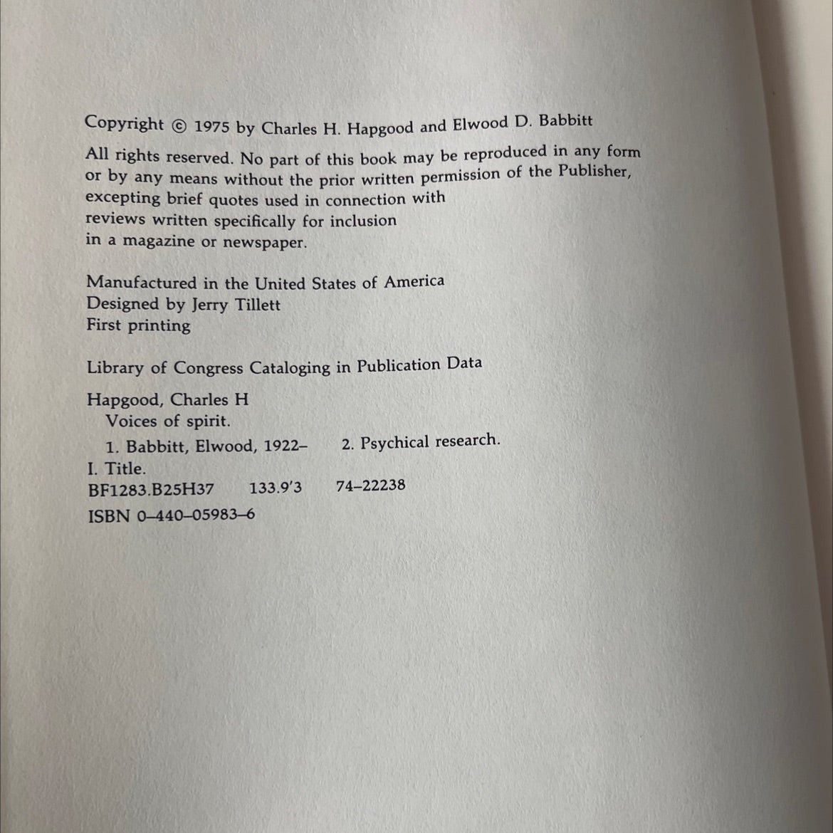 voices of spirit through the psychic experience of elwood babbitt book, by Charles H. Hapgood, 1975 Hardcover, First image 3