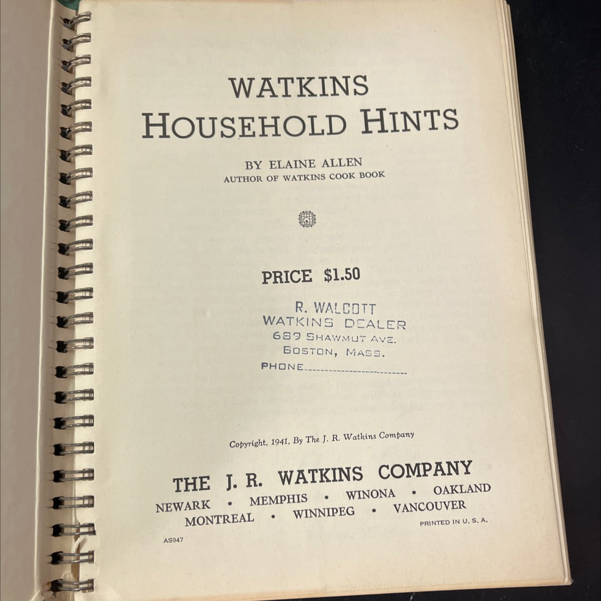 watkins household hints book, by elaine allen, 1941 Hardcover, Vintage image 2