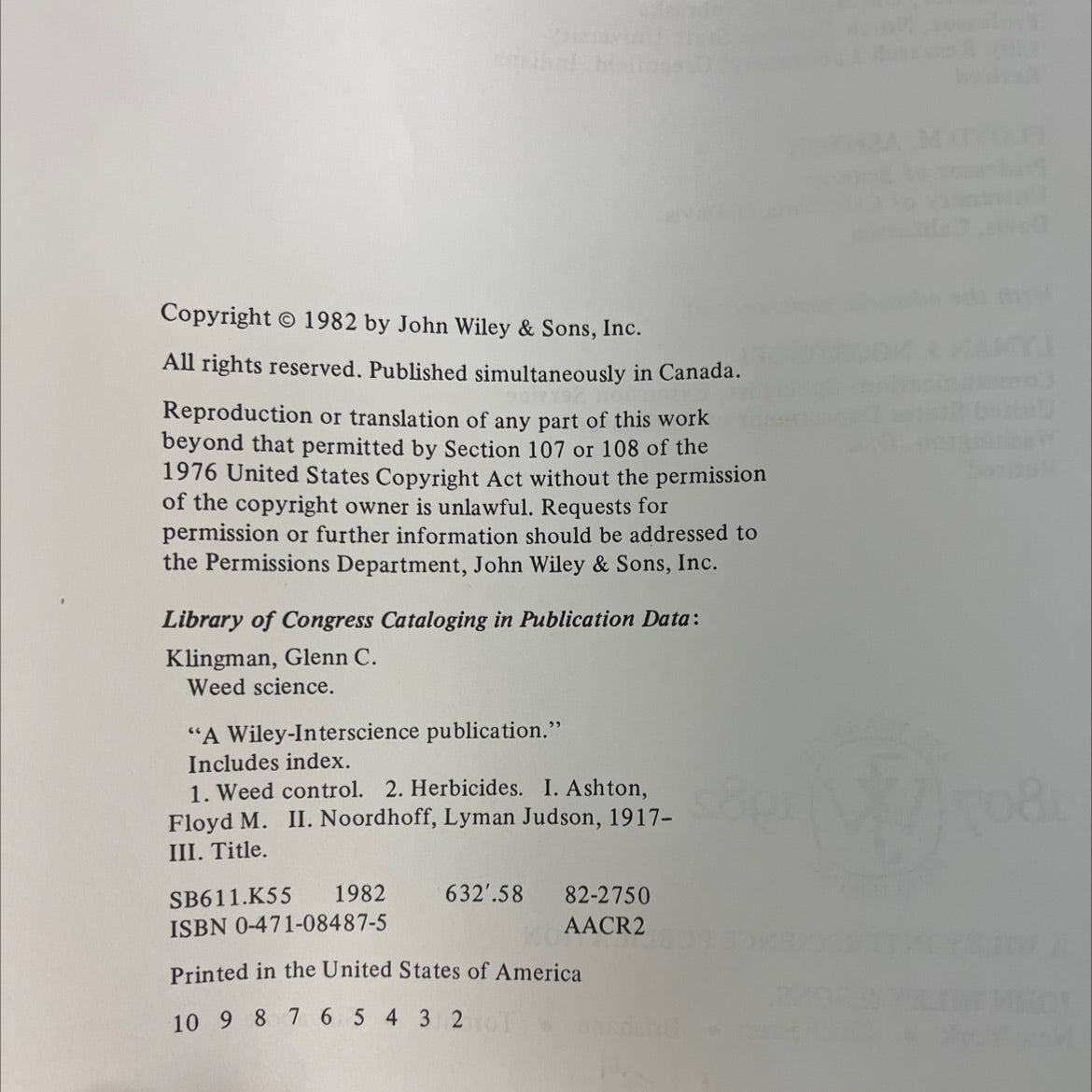 weed science: principles and practices second edition book, by glenn c. klingman, floyd m. ashton, 1982 Hardcover, image 3